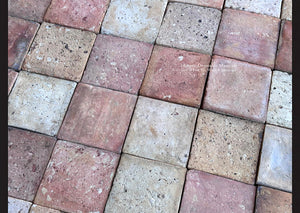 Reclaimed French terra cotta tile from Brittany dairy farm with faded rose, buff and chalky beige tones