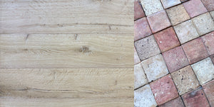 Antique French terra cotta floor tiles reclaimed from a traditional dairy farm in Brittany France paired with our French Oak Flooring in Castle Combe