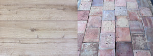 Antiqued French oak flooring paired with reclaimed Burgundy Fromagerie 1875 French terra cotta tile PA 298