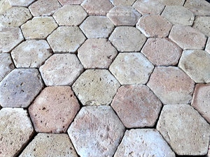 Reclaimed French terra cotta tile hexagons for European farmhouse interior design and historic homes