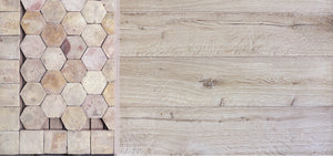 Reclaimed French terra cotta hexagon tiles paired with Castle Combe French oak flooring, combining historic clay and artianal French wide-plank wood floors.