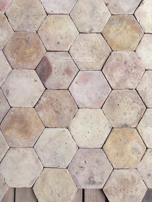 ntique French terra cotta tomettes in buttery cream, pale terracotta and dusty rose with richly textured surfaces.