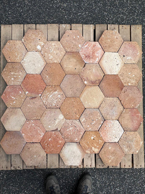 Antique Provençal hexagonal terra cotta flooring for French country kitchen renovation