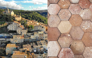 Bonnieux Provençal terre mêlée marbled clay hexagon tiles with natural orange and cream swirls 