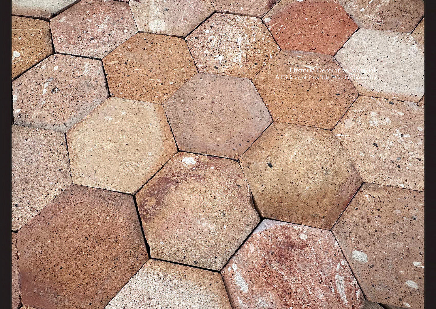 Reclaimed French terra cotta hexagon floor tiles salvaged from Bonnieux Provence pottery studio