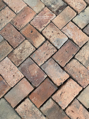 Old French terra cotta brick flooring in red ochre brown and charcoal tones