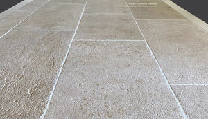 Wide pavers of Antique Blonde Barr French Limestone Flooring creates historic ambiance.
