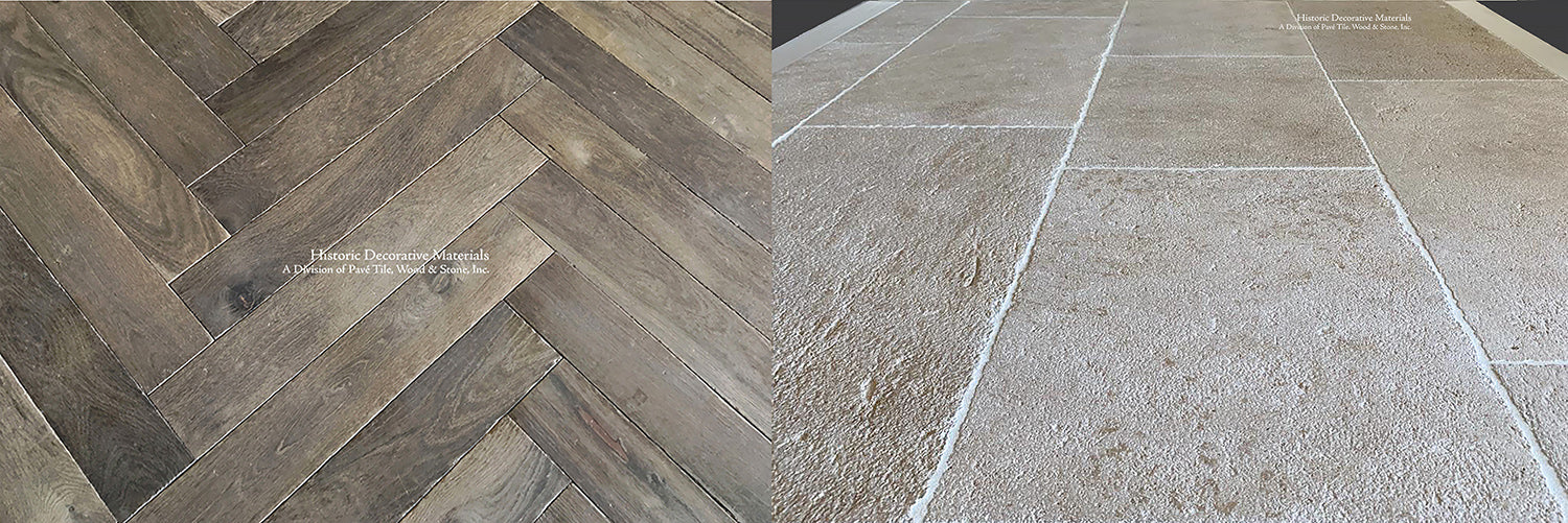 Antique Blonde Barr French Limestone Flooring in a warm cream compliments antique French oak floors.