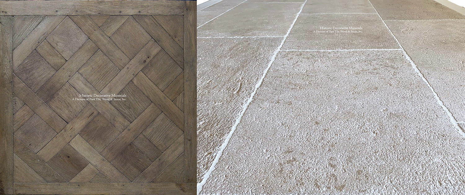 Artisanal French Limestone Floors | Hand-finished patina compliments Parquet French Oak Flooring