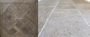 Artisanal French Limestone Floors | Hand-finished patina compliments Parquet French Oak Flooring