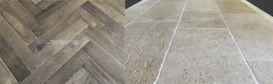 Réedition Antique Blonde Barr French Limestone Flooring + 18th Century French Oak Flooring in Chevron and Herringbone