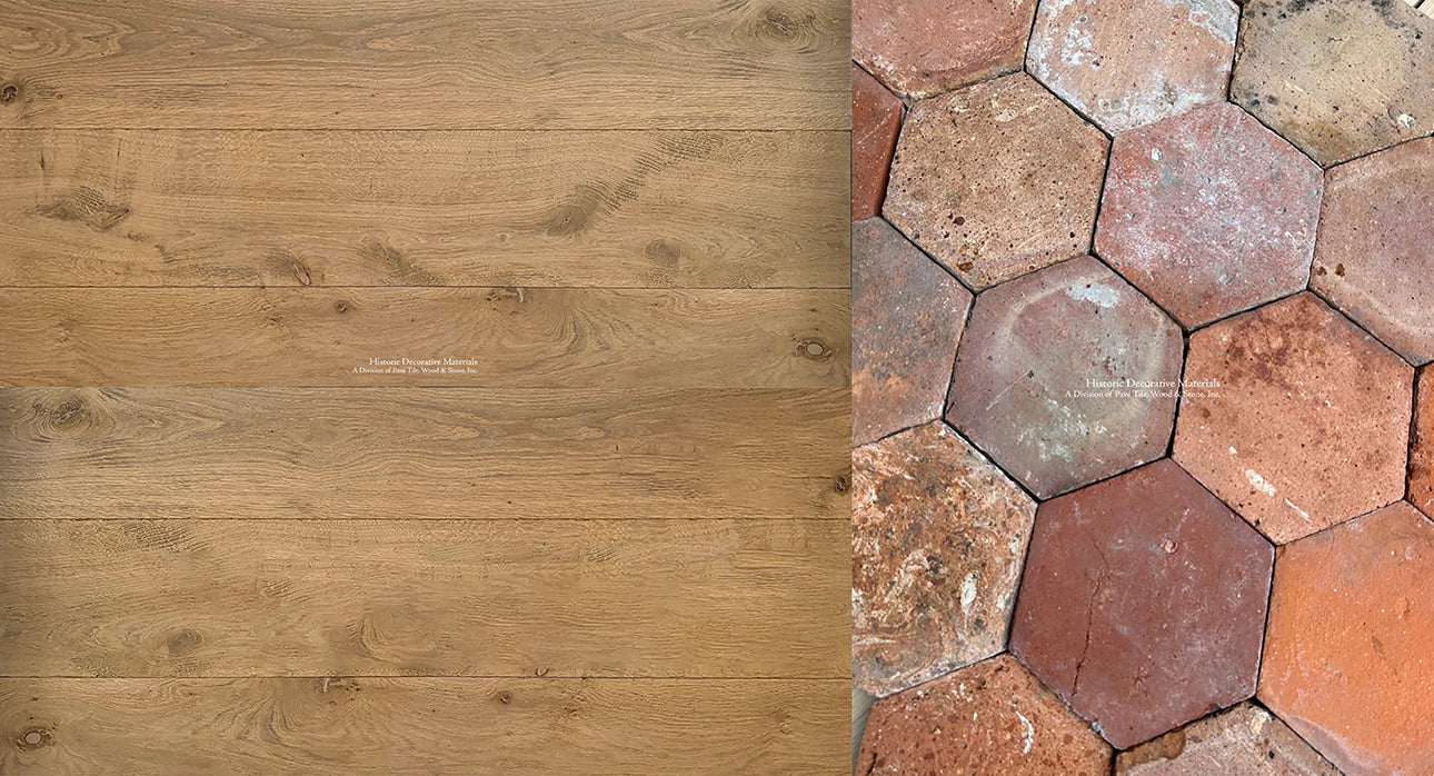 Saint-Jean-Pied-de-Port French Reclaimed Terra Cotta Tile Hexagon + New Color Way French Oak Flooring Country House: Fallen Acorn