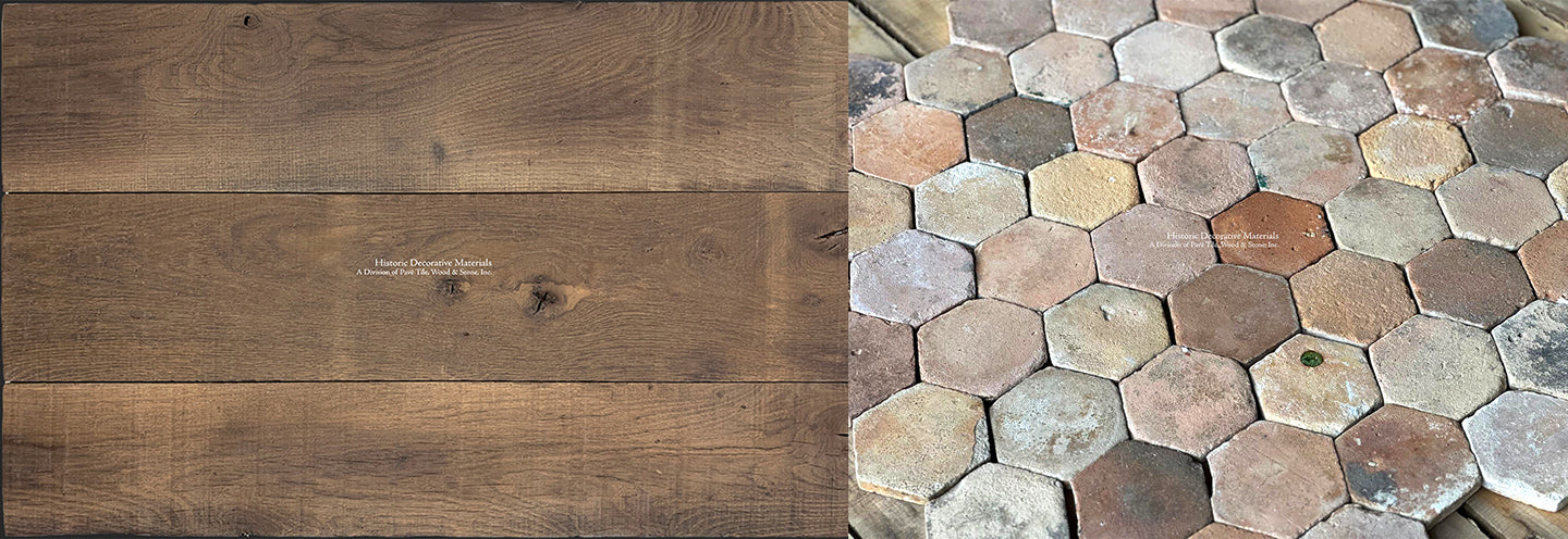 Antiqued French oak floors in a warm chestnut brown anchors the joyful colors of this sparkling antique French terra cotta tile.