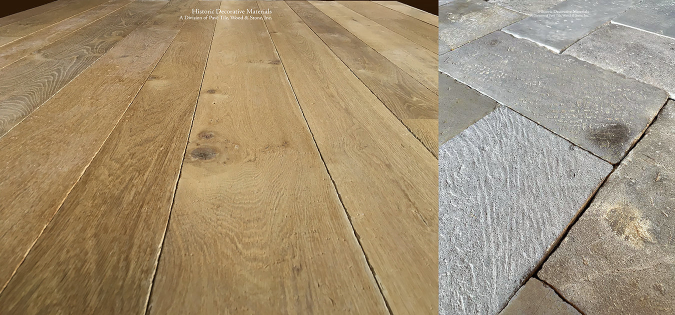 Antiqued French oak floors with a natural oak hue contrasts to antique gray limestone flooring beautifully.