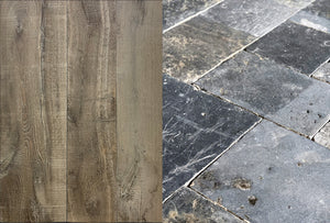 Antique Belgian bluestone & French oak flooring crafted for aristocratic stone floors