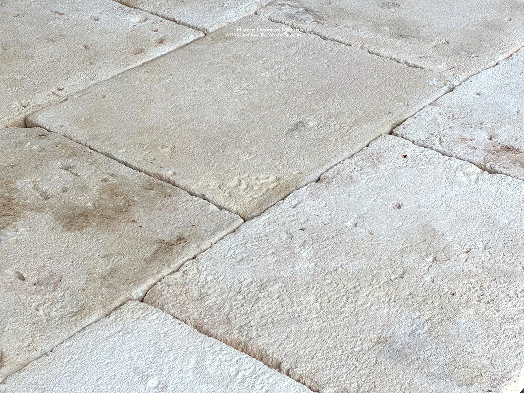 Antique French Blonde Barr Limestone Floors from Provence were salvaged from an old French farmhouse.