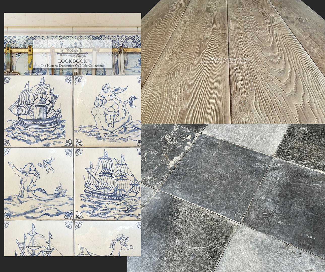 Create timeless interiors with antique delft tile backsplash, antique Belgian bluestone kitchen floor and French oak flooring for elegant living spaces.