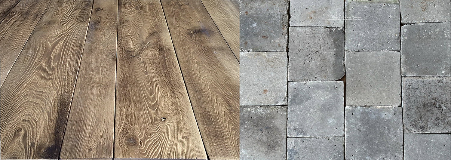 Antique Dutch Grey Terra Cotta Tiles + French Oak Flooring in Burnt Oak is a contrast in cool and warm colors.