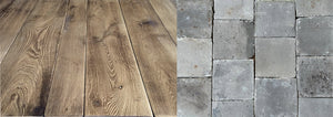 Antique Dutch Grey Terra Cotta Tiles + French Oak Flooring in Burnt Oak is a contrast in cool and warm colors.