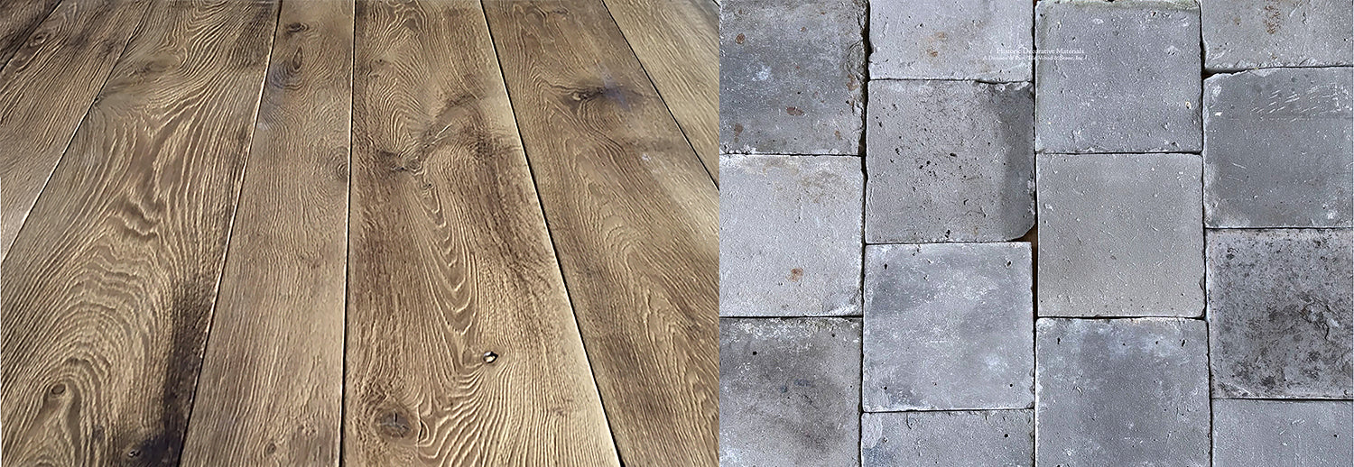 Antique Dutch Grey Terra Cotta Tiles + French Oak Flooring in Burnt Oak is a contrast in cool and warm colors.