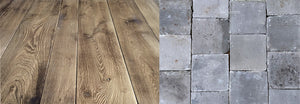 Antique Dutch Grey Terra Cotta Tiles + French Oak Flooring in Burnt Oak is a contrast in cool and warm colors.