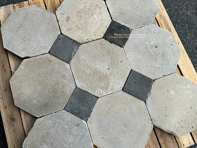 Antique Warm French Grey Limestone Octagon + Antique Gray Terra Cotta Tile Cabochon is an old world Parisian aesthetic.