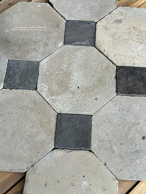 Antique French Grey Limestone Octagon + Antique Gray Terra Cotta Tile Cabochon defines historic kitchen floors.