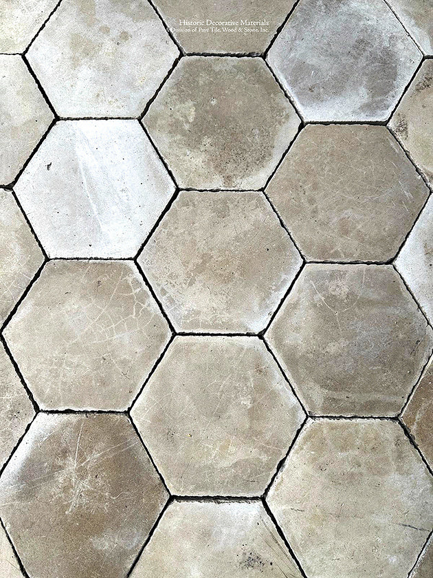 A classic hexagon shape is lovely in this antique ivory Belgian cement tile.