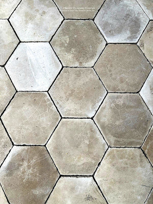 A classic hexagon shape is lovely in this antique ivory Belgian cement tile.