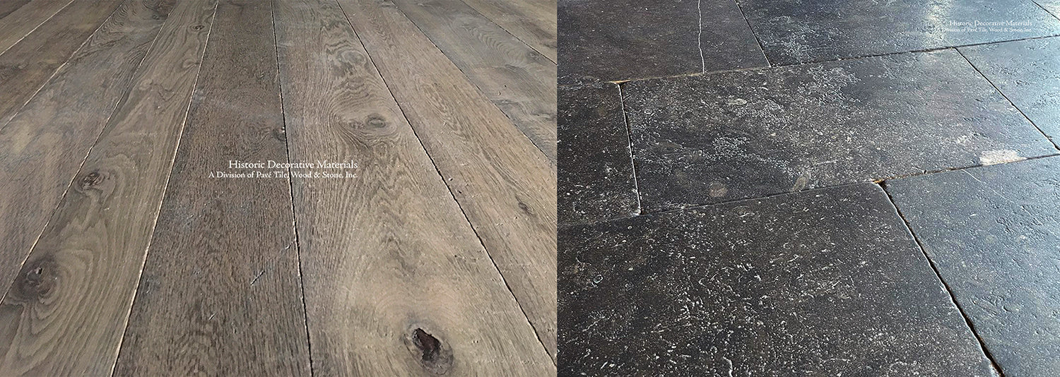 Artisanal Belgian Bluestone Flooring installed with Antiqued French Oak Floors creates European architectural elegance.