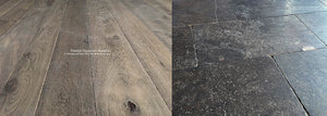 Artisanal Belgian Bluestone Flooring installed with Antiqued French Oak Floors creates European architectural elegance.