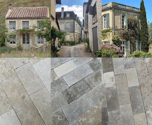 Luxury antiqued French limestone flooring collection showcasing Périgord, Quercy, and Sarlat historic limestone dallettes handcrafted in France