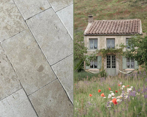 Antiqued French limestone flooring Périgord handcrafted in France with historic limestone patina