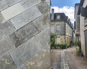 Antiqued French limestone flooring Sarlat handcrafted in France with richly aged limestone patina
