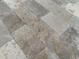 French limestone flooring Quercy handcrafted in France with aged limestone patina