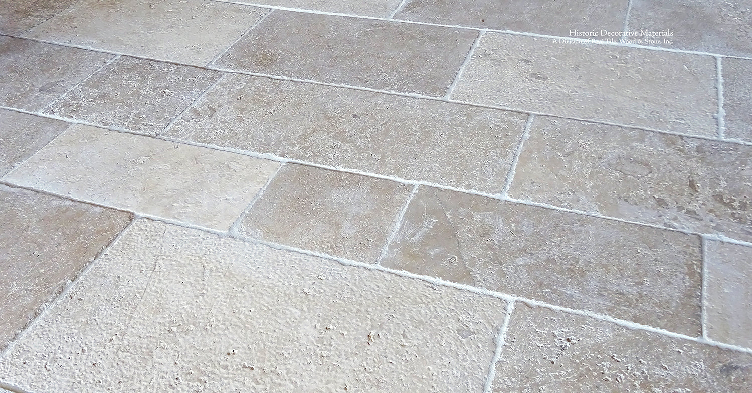 Antiqued French Limestone Flooring is an authentic and lovely floor for Euopean elegant interiors.