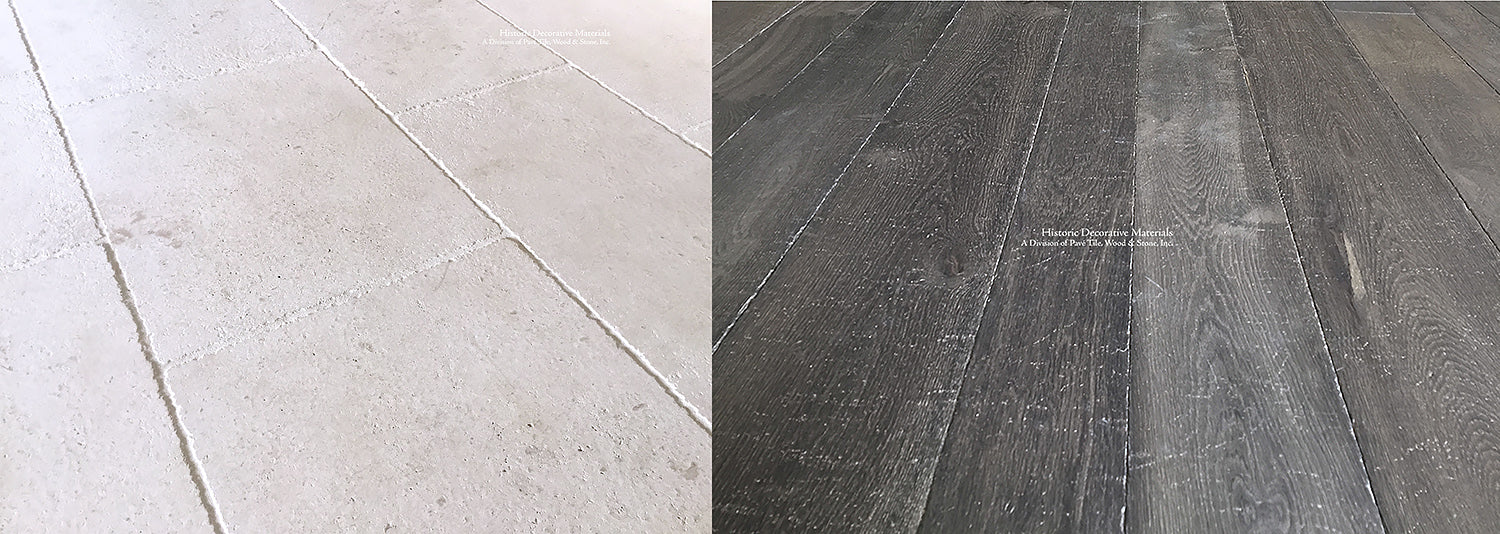 Antiqued White French Limestone Floors creates a rustic minimalist interiors with antiqued French oak flooring in deep charcoal hues.