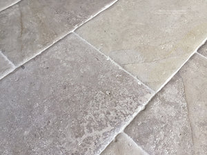 Antiqued French Limestone Flooring | Creamy, neutral color palette for sophisticated historic interiors.  