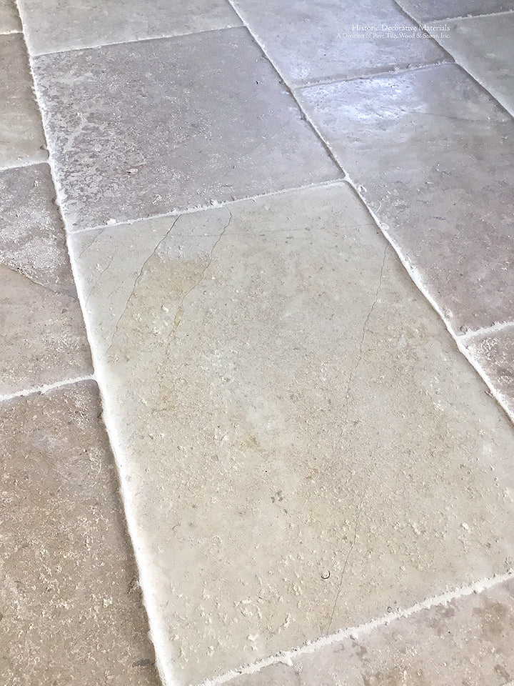 Antiqued French Limestone Floors | Translucent, neutral color palette for beautiful architectural interiors.