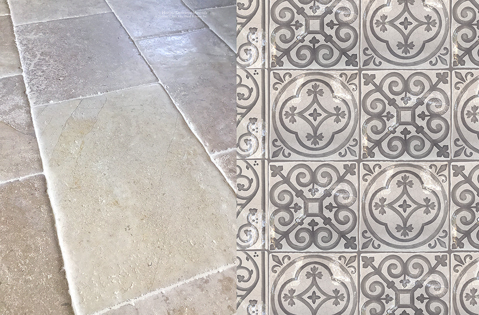 Elevate elegance in kitchen interiors with antique French limestone floors and decorative cream wall tiles.