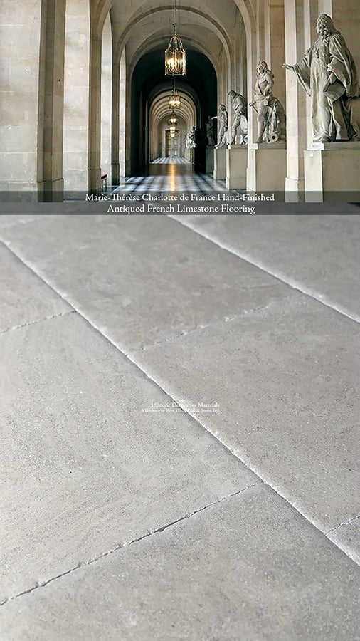 Historic antique French limestone floors are majestic in entryway foyers.