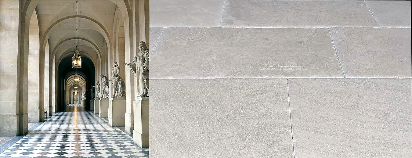 The cream ivory colors of antique French limestone floors add elegance to dining room floors.