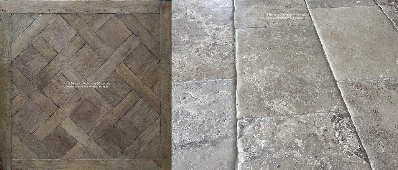 Antiqued Parquet de Versailles French Oak  Flooring holds elegance next to Montclair French Limestone Flooring.