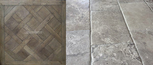 Antiqued Parquet de Versailles French Oak  Flooring holds elegance next to Montclair French Limestone Flooring.