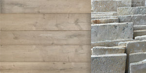 French oak flooring with natural color variation + antique French limestone floors in European living room