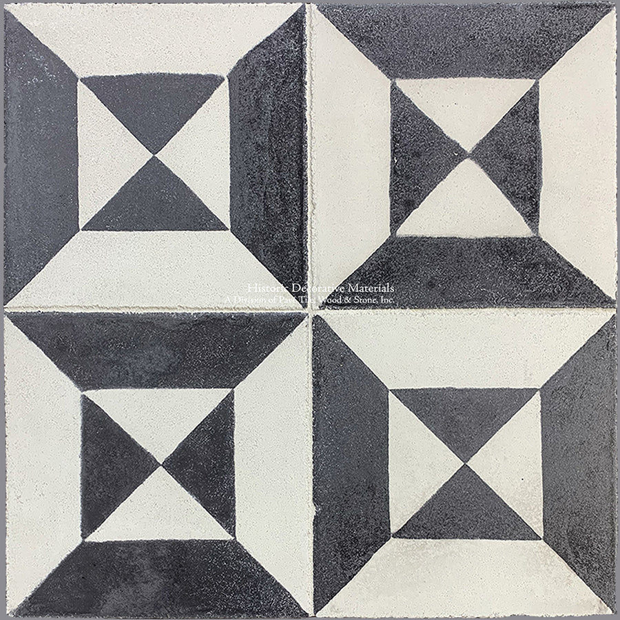 Catalan Farmhouse 1850 Antiqued Cement Tile - The Magician: Charcoal + Authentic Olde White