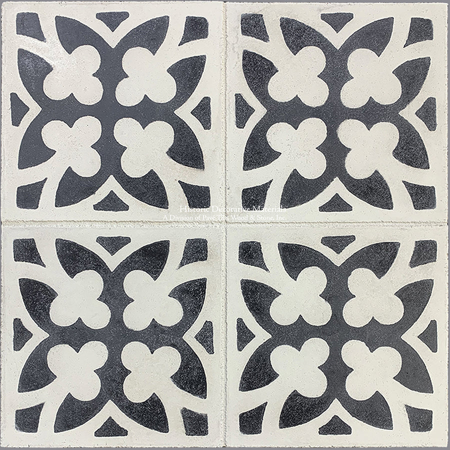 Catalan Farmhouse 1850 Antiqued Cement Tile - Lucky Clover: Charcoal + Authentic Old White
