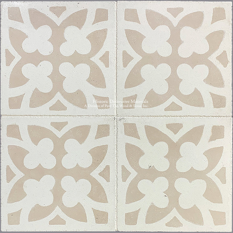Catalan Farmhouse 1850 Antiqued Cement Tile - Lucky Clover: Parchment + Authentic Olde White