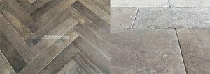 Large antique French limestone tiles create gorgeous scale in an interior installed with antiqued French oak flooring.