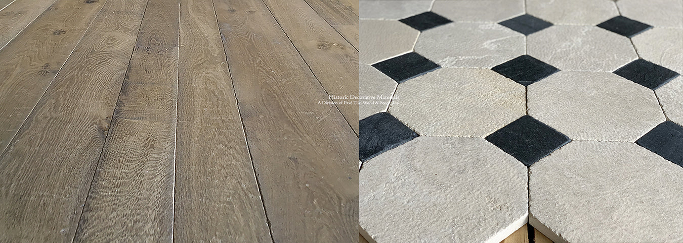 Parisian interior designers install antique French oak  & antique French limestone octagon & cabochon floors for the most elegant interiors.